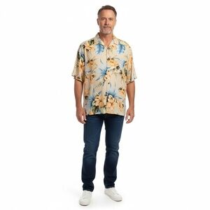 Munsingwear Mens Hawaiian Shirt XL Light Tan Floral Tropical Print Short Sleeve